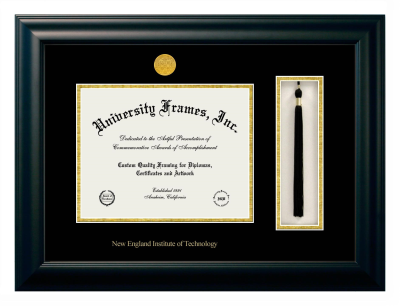 New England Institute of Technology Diploma with Tassel Box Frame in Satin Black with Black & Gold Mats for document: 8 1/2"h x 11"w  