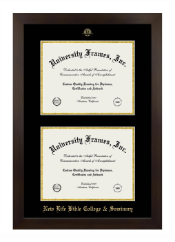 New Life Bible College & Seminary Double Diploma Frame in Manhattan Espresso with Black & Gold Mats for document: 8 1/2"h x 11"w  , document: 8 1/2"h x 11"w  