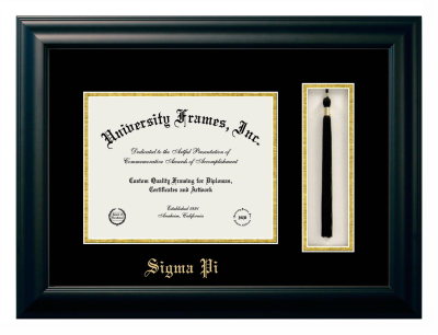 Sigma Pi Diploma with Tassel Box Frame in Satin Black with Black & Gold Mats for document: 8 1/2"h x 11"w  