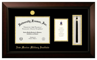 New Mexico Military Institute Diploma with Announcement & Tassel Box Frame in Legacy Black Cherry with Black & Gold Mats for document: 8 1/2"h x 11"w  , diploma: 7"h x 4"w  