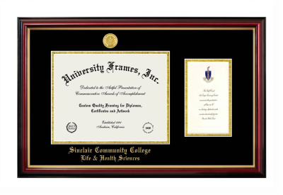 Sinclair Community College Life & Health Sciences Diploma with Announcement Frame in Petite Mahogany with Gold Trim with Black & Gold Mats for document: 8 1/2"h x 11"w  , diploma: 7"h x 4"w  