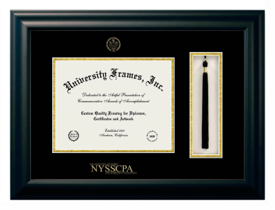 New York State Society of Certified Public Accountants Diploma with Tassel Box Frame in Satin Black with Black & Gold Mats for document: 8 1/2"h x 11"w  