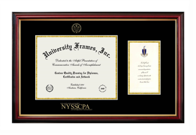 New York State Society of Certified Public Accountants Diploma with Announcement Frame in Petite Mahogany with Gold Trim with Black & Gold Mats for document: 8 1/2"h x 11"w  , diploma: 7"h x 4"w  