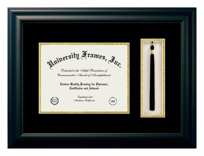 Skyline College Diploma with Tassel Box Frame in Satin Black with Black & Gold Mats for document: 8 1/2"h x 11"w  