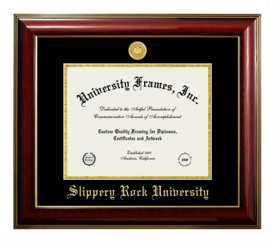 Slippery Rock University Diploma Frame in Classic Mahogany with Gold Trim with Black & Gold Mats for document: 8 1/2"h x 11"w  