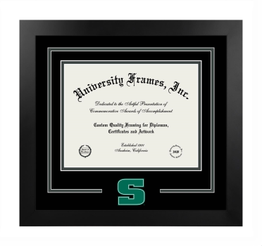 Slippery Rock University Logo Mat Frame in Manhattan Black with Black & Forest Green Mats for document: 8 1/2"h x 11"w  