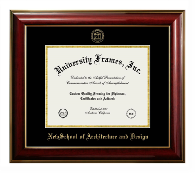 NewSchool of Architecture and Design Diploma Frame in Classic Mahogany with Gold Trim with Black & Gold Mats for document: 8 1/2"h x 11"w  