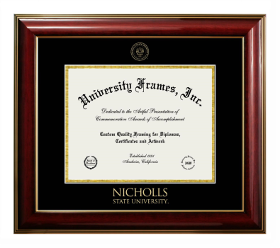 Nicholls State University Diploma Frame in Classic Mahogany with Gold Trim with Black & Gold Mats for document: 8 1/2"h x 11"w  