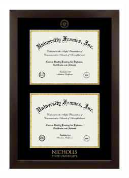 Nicholls State University Double Diploma Frame in Manhattan Espresso with Black & Gold Mats for document: 8 1/2"h x 11"w  , document: 8 1/2"h x 11"w  