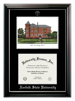 Norfolk State University Double Opening with Campus Image (Stacked) Frame in Classic Ebony with Silver Trim with Black & Silver Mats for document: 8 1/2"h x 11"w  