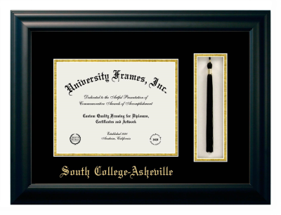 South College-Asheville Diploma with Tassel Box Frame in Satin Black with Black & Gold Mats for document: 8 1/2"h x 11"w  