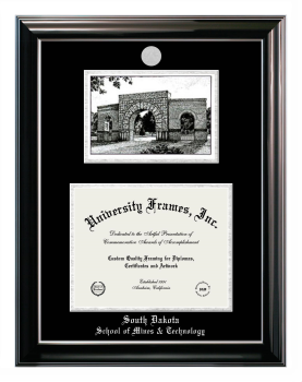 South Dakota School of Mines & Technology Double Opening with Campus Image (Stacked) Frame in Classic Ebony with Silver Trim with Black & Silver Mats for document: 8 1/2"h x 11"w  