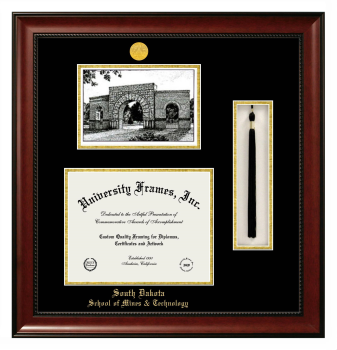South Dakota School of Mines & Technology Double Opening with Campus Image & Tassel Box (Stacked) Frame in Avalon Mahogany with Black & Gold Mats for document: 8 1/2"h x 11"w  