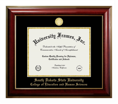South Dakota State University College of Education and Human Sciences Diploma Frame in Classic Mahogany with Gold Trim with Black & Gold Mats for document: 8 1/2"h x 11"w  