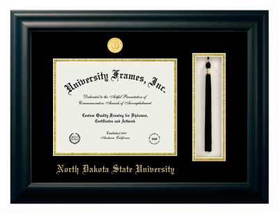 North Dakota State University Diploma with Tassel Box Frame in Satin Black with Black & Gold Mats for document: 8 1/2"h x 11"w  