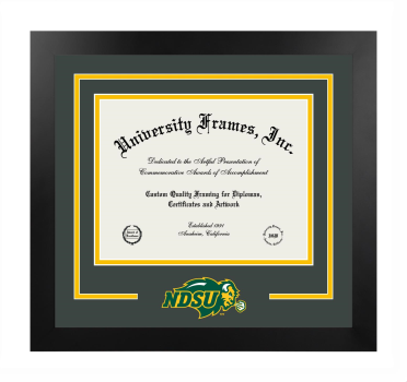North Dakota State University Logo Mat Frame in Manhattan Black with Forest Green & Amber Mats for document: 8 1/2"h x 11"w  