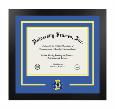 South Dakota State University Graduate School Logo Mat Frame in Manhattan Black with Royal Blue & Yellow Mats for document: 8 1/2"h x 11"w  