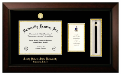 South Dakota State University Graduate School Diploma with Announcement & Tassel Box Frame in Legacy Black Cherry with Black & Gold Mats for document: 8 1/2"h x 11"w  , diploma: 7"h x 4"w  