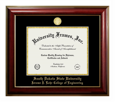 South Dakota State University Jerome J. Lohr College of Engineering Diploma Frame in Classic Mahogany with Gold Trim with Black & Gold Mats for document: 8 1/2"h x 11"w  