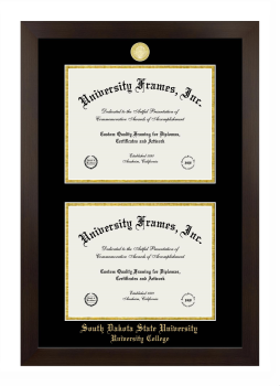 South Dakota State University University College Double Diploma Frame in Manhattan Espresso with Black & Gold Mats for document: 8 1/2"h x 11"w  , document: 8 1/2"h x 11"w  