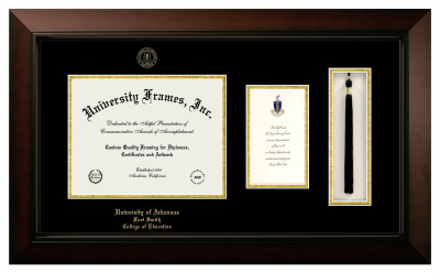University of Arkansas Fort Smith College of Education Diploma with Announcement & Tassel Box Frame in Legacy Black Cherry with Black & Gold Mats for document: 8 1/2"h x 11"w  , diploma: 7"h x 4"w  
