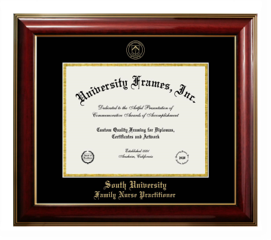South University Family Nurse Practitioner Diploma Frame in Classic Mahogany with Gold Trim with Black & Gold Mats for document: 8 1/2"h x 11"w  