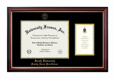 South University Family Nurse Practitioner Diploma with Announcement Frame in Petite Mahogany with Gold Trim with Black & Gold Mats for document: 8 1/2"h x 11"w  , diploma: 7"h x 4"w  