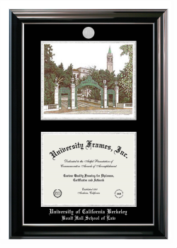 University of California Berkeley Boalt Hall School of Law Double Opening with Campus Image (Stacked) Frame in Classic Ebony with Silver Trim with Black & Silver Mats for document: 8 1/2"h x 11"w  