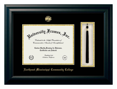 Northeast Mississippi Community College Diploma with Tassel Box Frame in Satin Black with Black & Gold Mats for document: 8 1/2"h x 11"w  