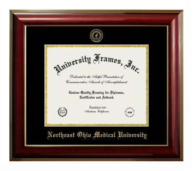 Northeast Ohio Medical University Diploma Frame in Classic Mahogany with Gold Trim with Black & Gold Mats for document: 8 1/2"h x 11"w  