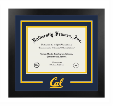 University of California Berkeley Law Logo Mat Frame in Manhattan Black with Navy Blue & Amber Mats for document: 8 1/2"h x 11"w  