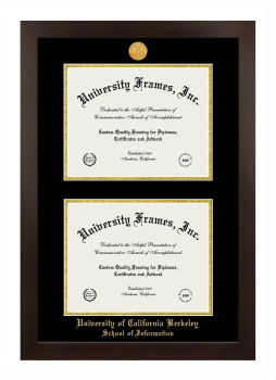 University of California Berkeley School of Information Double Diploma Frame in Manhattan Espresso with Black & Gold Mats for document: 8 1/2"h x 11"w  , document: 8 1/2"h x 11"w  