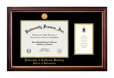 University of California Berkeley School of Information Diploma with Announcement Frame in Petite Mahogany with Gold Trim with Black & Gold Mats for document: 8 1/2"h x 11"w  , diploma: 7"h x 4"w  