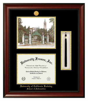 University of California Berkeley School of Information Double Opening with Campus Image & Tassel Box (Stacked) Frame in Avalon Mahogany with Black & Gold Mats for document: 8 1/2"h x 11"w  