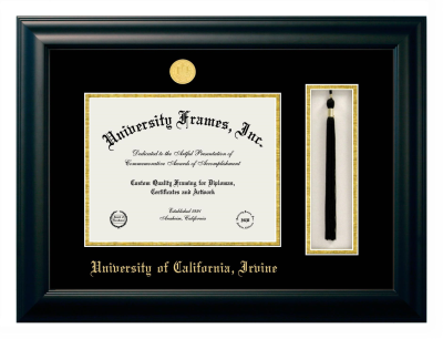 University of California Irvine Diploma with Tassel Box Frame in Satin Black with Black & Gold Mats for document: 8 1/2"h x 11"w  