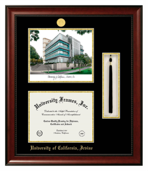 University of California Irvine Double Opening with Campus Image & Tassel Box (Stacked) Frame in Avalon Mahogany with Black & Gold Mats for document: 8 1/2"h x 11"w  