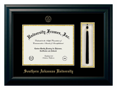 Southern Arkansas University Diploma with Tassel Box Frame in Satin Black with Black & Gold Mats for document: 8 1/2"h x 11"w  