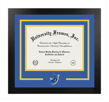 Southern Arkansas University Logo Mat Frame in Manhattan Black with Royal Blue & Amber Mats for document: 8 1/2"h x 11"w  