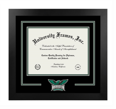 Northeastern State University Logo Mat Frame in Manhattan Black with Black & Forest Green Mats for document: 8 1/2"h x 11"w  
