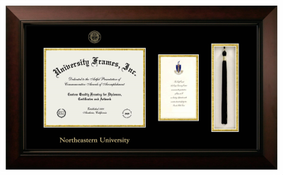 Northeastern University Diploma with Announcement & Tassel Box Frame in Legacy Black Cherry with Black & Gold Mats for document: 8 1/2"h x 11"w  , diploma: 7"h x 4"w  