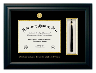 Southern California University of Health Sciences Diploma with Tassel Box Frame in Satin Black with Black & Gold Mats for document: 8 1/2"h x 11"w  