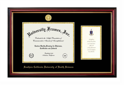 Southern California University of Health Sciences Diploma with Announcement Frame in Petite Mahogany with Gold Trim with Black & Gold Mats for document: 8 1/2"h x 11"w  , diploma: 7"h x 4"w  
