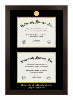 University of California Irvine School of Medicine Double Diploma Frame in Manhattan Espresso with Black & Gold Mats for document: 8 1/2"h x 11"w  , document: 8 1/2"h x 11"w  