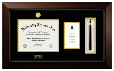 Southern Careers Institute Diploma with Announcement & Tassel Box Frame in Legacy Black Cherry with Black & Gold Mats for document: 8 1/2"h x 11"w  , diploma: 7"h x 4"w  