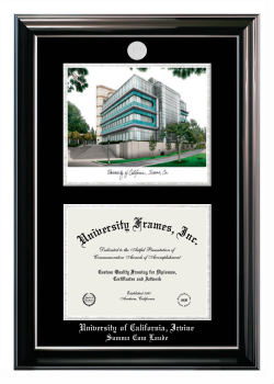 University of California Irvine Summa Cum Laude Double Opening with Campus Image (Stacked) Frame in Classic Ebony with Silver Trim with Black & Silver Mats for document: 8 1/2"h x 11"w  