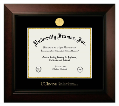 University of California Irvine The Henry Samueli School of Engineering Diploma Frame in Legacy Black Cherry with Black & Gold Mats for document: 8 1/2"h x 11"w  