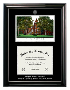 Northern Arizona University College of Engineering, Forestry and Natural Sciences Double Opening with Campus Image (Stacked) Frame in Classic Ebony with Silver Trim with Black & Silver Mats for document: 8 1/2"h x 11"w  