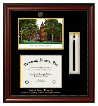 Northern Arizona University College of Engineering, Forestry and Natural Sciences Double Opening with Campus Image & Tassel Box (Stacked) Frame in Avalon Mahogany with Black & Gold Mats for document: 8 1/2"h x 11"w  