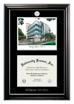 University of California Irvine The Paul Merage School of Business Double Opening with Campus Image (Stacked) Frame in Classic Ebony with Silver Trim with Black & Silver Mats for document: 8 1/2"h x 11"w  
