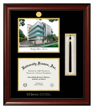 University of California Irvine The Paul Merage School of Business Double Opening with Campus Image & Tassel Box (Stacked) Frame in Avalon Mahogany with Black & Gold Mats for document: 8 1/2"h x 11"w  